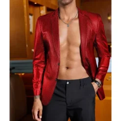 Men's Blazer Performance Stage Wedding Party Vintage Fashion Spring Autumn / Fall Polyester Solid Color Pocket Buttons Comfortable Single Breasted Blazer Silver Black Red Blue