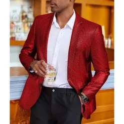 Men's Blazer Performance Stage Wedding Party Vintage Fashion Spring Autumn / Fall Polyester Solid Color Pocket Buttons Comfortable Single Breasted Blazer Silver Black Red Blue