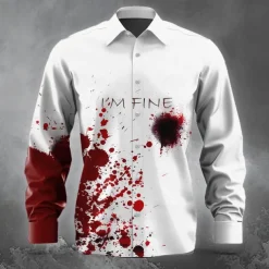 Men's Blood stains Halloween Costumes Button Up Shirt Long Sleeve Horror Party Evening Wear Fall Winter Spring & Summer Shirt Collar 3D Print Red