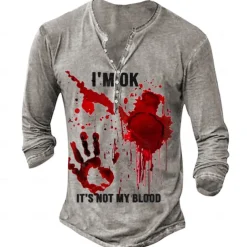 Men's Blood stains T shirt Henley Shirt Long Sleeve 3D Print Designer Retro Vintage Street Casual Daily Summer Spring Fall Gray Henley Henley T-Shirt