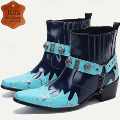 Men's Blue and Turquoise Leather Motorcycle Boots – Western Style Ankle Boots with Silver Buckle Detailing for Bold Fashion