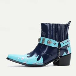 Men's Blue and Turquoise Leather Motorcycle Boots – Western Style Ankle Boots with Silver Buckle Detailing for Bold Fashion