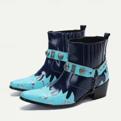 Men's Blue and Turquoise Leather Motorcycle Boots – Western Style Ankle Boots with Silver Buckle Detailing for Bold Fashion
