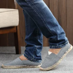 Men's Blue and White Striped Canvas Espadrille Slip-On Shoes with Jute Rope Sole – Comfortable Summer Footwear