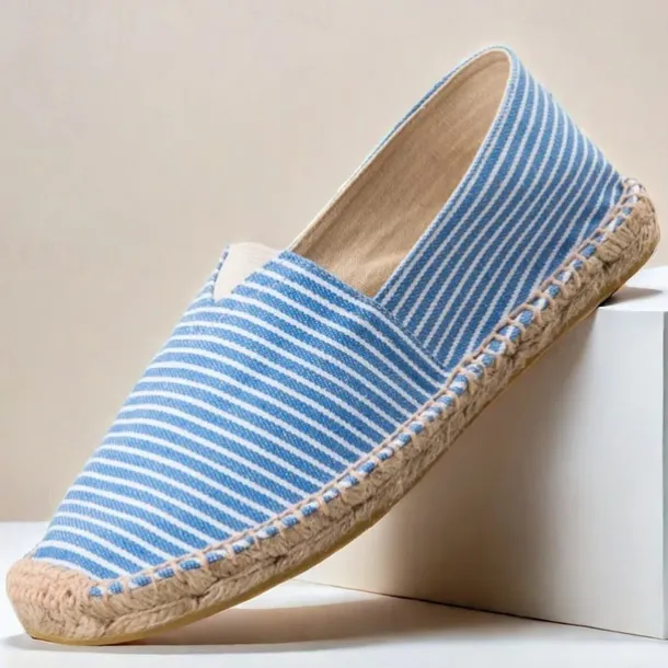 Men's Blue and White Striped Canvas Espadrille Slip-On Shoes with Jute Rope Sole – Comfortable Summer Footwear