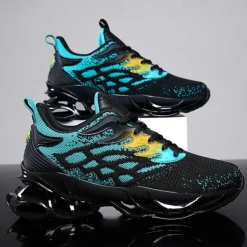 Men's Blue Athletic Sneakers with Unique Hollow Sole Design, Breathable Knit Upper, and Flame Detail – Lightweight Running Shoes with Orange Accents