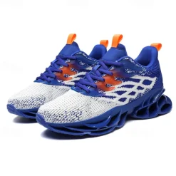 Men's Blue Athletic Sneakers with Unique Hollow Sole Design, Breathable Knit Upper, and Flame Detail – Lightweight Running Shoes with Orange Accents