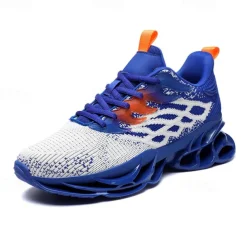 Men's Blue Athletic Sneakers with Unique Hollow Sole Design, Breathable Knit Upper, and Flame Detail – Lightweight Running Shoes with Orange Accents