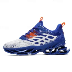 Men's Blue Athletic Sneakers with Unique Hollow Sole Design, Breathable Knit Upper, and Flame Detail – Lightweight Running Shoes with Orange Accents