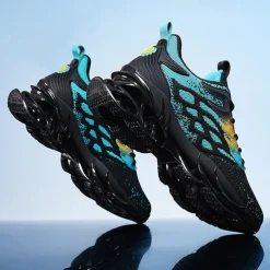 Men's Blue Athletic Sneakers with Unique Hollow Sole Design, Breathable Knit Upper, and Flame Detail – Lightweight Running Shoes with Orange Accents