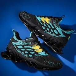 Men's Blue Athletic Sneakers with Unique Hollow Sole Design, Breathable Knit Upper, and Flame Detail – Lightweight Running Shoes with Orange Accents