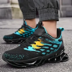 Men's Blue Athletic Sneakers with Unique Hollow Sole Design, Breathable Knit Upper, and Flame Detail – Lightweight Running Shoes with Orange Accents