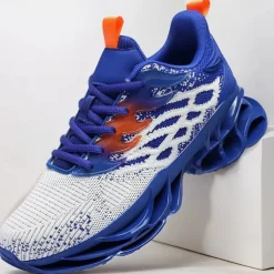 Men's Blue Athletic Sneakers with Unique Hollow Sole Design, Breathable Knit Upper, and Flame Detail – Lightweight Running Shoes with Orange Accents