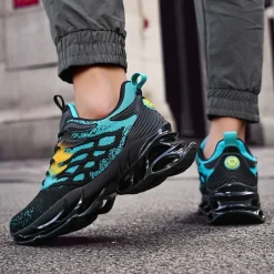 Men's Blue Athletic Sneakers with Unique Hollow Sole Design, Breathable Knit Upper, and Flame Detail – Lightweight Running Shoes with Orange Accents