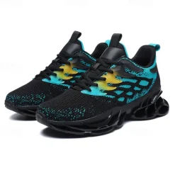 Men's Blue Athletic Sneakers with Unique Hollow Sole Design, Breathable Knit Upper, and Flame Detail – Lightweight Running Shoes with Orange Accents