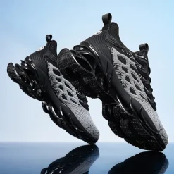 Men's Blue Athletic Sneakers with Unique Hollow Sole Design, Breathable Knit Upper, and Flame Detail – Lightweight Running Shoes with Orange Accents