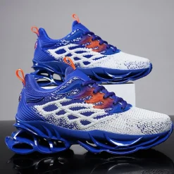 Men's Blue Athletic Sneakers with Unique Hollow Sole Design, Breathable Knit Upper, and Flame Detail – Lightweight Running Shoes with Orange Accents