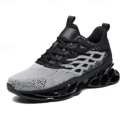 Men's Blue Athletic Sneakers with Unique Hollow Sole Design, Breathable Knit Upper, and Flame Detail – Lightweight Running Shoes with Orange Accents