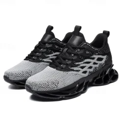 Men's Blue Athletic Sneakers with Unique Hollow Sole Design, Breathable Knit Upper, and Flame Detail – Lightweight Running Shoes with Orange Accents