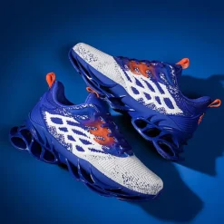 Men's Blue Athletic Sneakers with Unique Hollow Sole Design, Breathable Knit Upper, and Flame Detail – Lightweight Running Shoes with Orange Accents