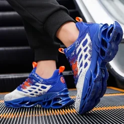 Men's Blue Athletic Sneakers with Unique Hollow Sole Design, Breathable Knit Upper, and Flame Detail – Lightweight Running Shoes with Orange Accents