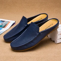 Men's Blue Faux Leather Mule Loafers – Slip-On Driving Shoes with Perforated Upper for Casual Outings, Travel, and Summer Wear