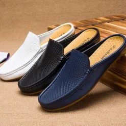 Men's Blue Faux Leather Mule Loafers – Slip-On Driving Shoes with Perforated Upper for Casual Outings, Travel, and Summer Wear