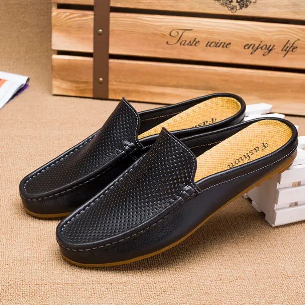 Men's Blue Faux Leather Mule Loafers – Slip-On Driving Shoes with Perforated Upper for Casual Outings, Travel, and Summer Wear