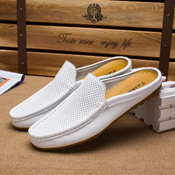 Men's Blue Faux Leather Mule Loafers – Slip-On Driving Shoes with Perforated Upper for Casual Outings, Travel, and Summer Wear