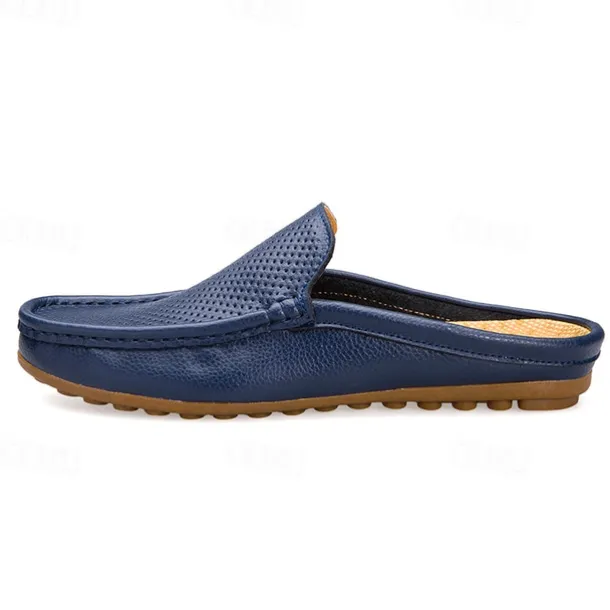 Men's Blue Faux Leather Mule Loafers – Slip-On Driving Shoes with Perforated Upper for Casual Outings, Travel, and Summer Wear