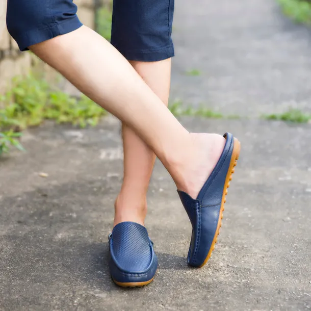 Men's Blue Faux Leather Mule Loafers – Slip-On Driving Shoes with Perforated Upper for Casual Outings, Travel, and Summer Wear