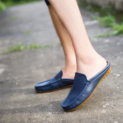 Men's Blue Faux Leather Mule Loafers – Slip-On Driving Shoes with Perforated Upper for Casual Outings, Travel, and Summer Wear