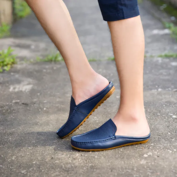 Men's Blue Faux Leather Mule Loafers – Slip-On Driving Shoes with Perforated Upper for Casual Outings, Travel, and Summer Wear