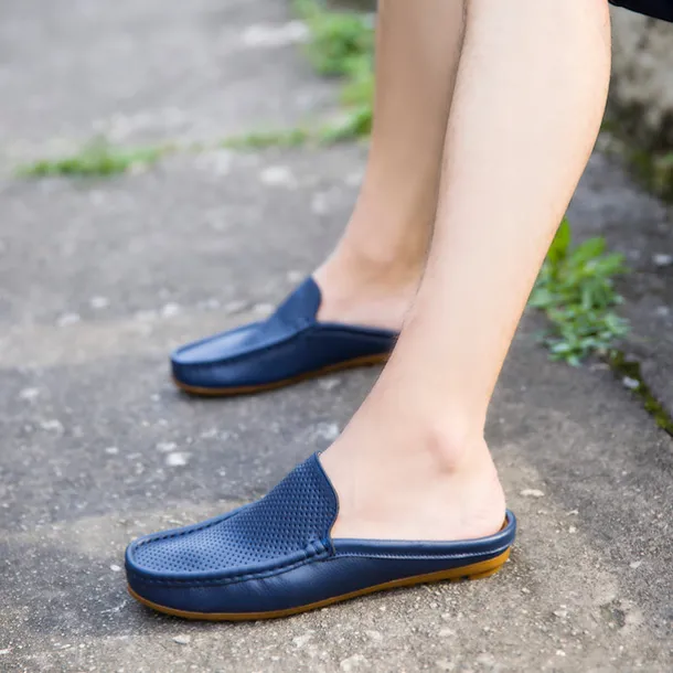 Men's Blue Faux Leather Mule Loafers – Slip-On Driving Shoes with Perforated Upper for Casual Outings, Travel, and Summer Wear