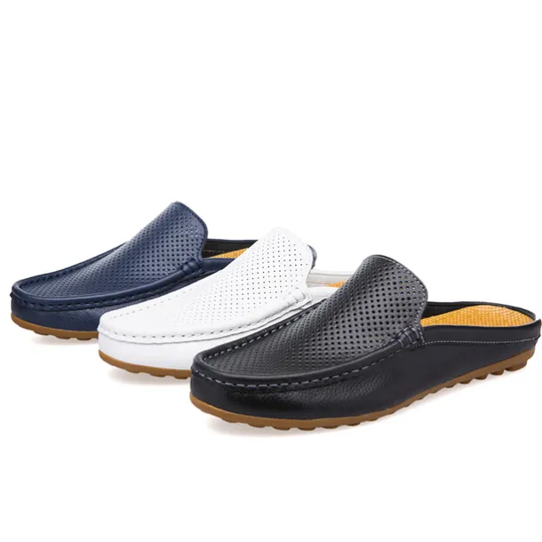 Men's Blue Faux Leather Mule Loafers – Slip-On Driving Shoes with Perforated Upper for Casual Outings, Travel, and Summer Wear