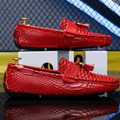 Men's Blue Faux Snakeskin Loafers with Tassels – Stylish Slip-On Dress Shoes for Formal and Casual Occasions