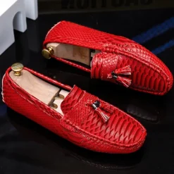 Men's Blue Faux Snakeskin Loafers with Tassels – Stylish Slip-On Dress Shoes for Formal and Casual Occasions