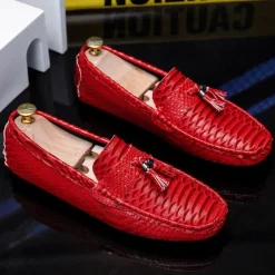 Men's Blue Faux Snakeskin Loafers with Tassels – Stylish Slip-On Dress Shoes for Formal and Casual Occasions