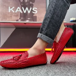 Men's Blue Faux Snakeskin Loafers with Tassels – Stylish Slip-On Dress Shoes for Formal and Casual Occasions