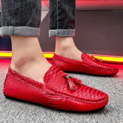 Men's Blue Faux Snakeskin Loafers with Tassels – Stylish Slip-On Dress Shoes for Formal and Casual Occasions
