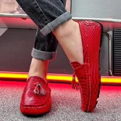 Men's Blue Faux Snakeskin Loafers with Tassels – Stylish Slip-On Dress Shoes for Formal and Casual Occasions