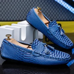 Men's Blue Faux Snakeskin Loafers with Tassels – Stylish Slip-On Dress Shoes for Formal and Casual Occasions