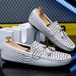 Men's Blue Faux Snakeskin Loafers with Tassels – Stylish Slip-On Dress Shoes for Formal and Casual Occasions