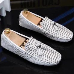 Men's Blue Faux Snakeskin Loafers with Tassels – Stylish Slip-On Dress Shoes for Formal and Casual Occasions