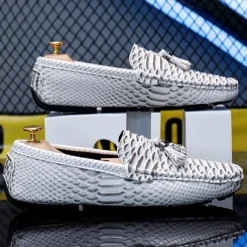 Men's Blue Faux Snakeskin Loafers with Tassels – Stylish Slip-On Dress Shoes for Formal and Casual Occasions