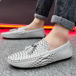 Men's Blue Faux Snakeskin Loafers with Tassels – Stylish Slip-On Dress Shoes for Formal and Casual Occasions