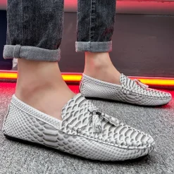 Men's Blue Faux Snakeskin Loafers with Tassels – Stylish Slip-On Dress Shoes for Formal and Casual Occasions