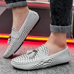 Men's Blue Faux Snakeskin Loafers with Tassels – Stylish Slip-On Dress Shoes for Formal and Casual Occasions