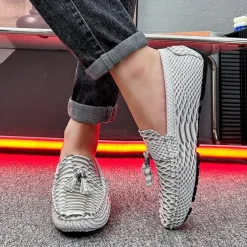 Men's Blue Faux Snakeskin Loafers with Tassels – Stylish Slip-On Dress Shoes for Formal and Casual Occasions