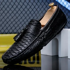 Men's Blue Faux Snakeskin Loafers with Tassels – Stylish Slip-On Dress Shoes for Formal and Casual Occasions